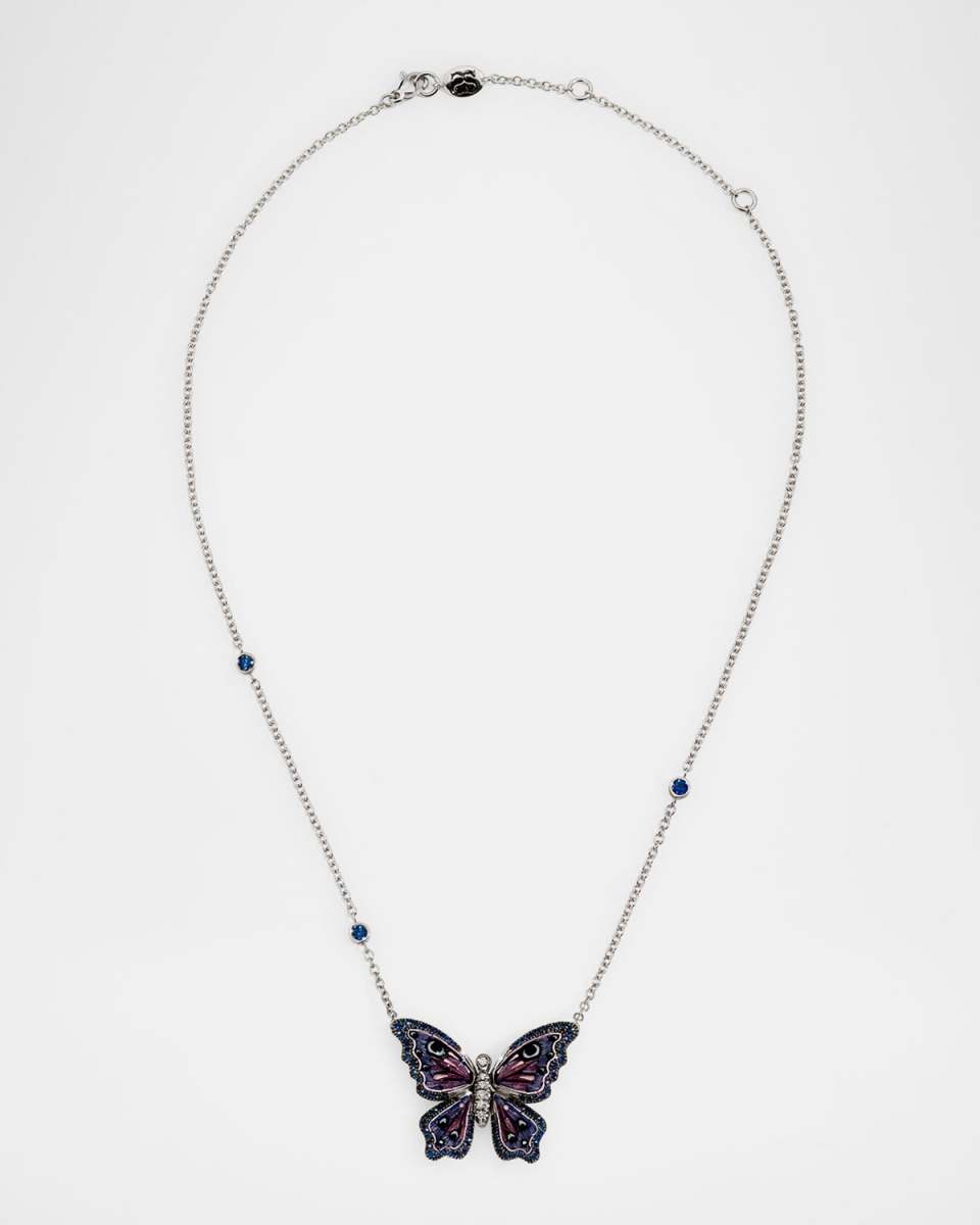 18K White Gold Nymphalia Purple Emperor Necklace with Micro Mosaic, Diamonds and Blue Sapphires
